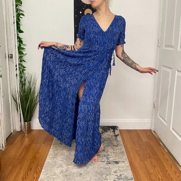 BA&SH Floral Wrap Short Sleeve Crepe Maxi Dress Tie-Waist Size S Blue - Picture 10 of 12